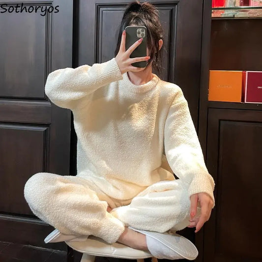 Pajama Sets Woman Round Neck Coral Fleece Slouchy Cozy Wear Solid Bundle Feet Gentle Youth Kawaii Thick Sleepwear Pajamas Women Lounge