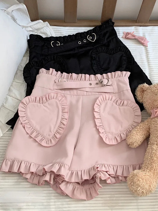 Japanese Sweet Lolita Women's Gothic Love Ruffles Pocket High Waist Pants Cute Girls Harajuku Black Pink Y2k girls short