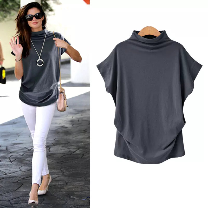 Women's Tops Korean Style Fashion Womens Cotton Blouse Short Sleeve O-Neck Blouse Female Turtleneck Women Tops & Tees