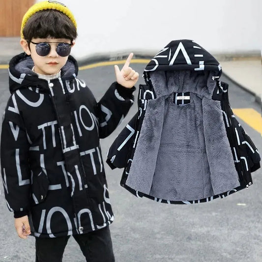 Winter Thick Warm Coats Fashion Letter Print Cotton Down Jacket Hooded Windbreaker Outerwear for Children Clothes Boy Jacket - Girl Jacket