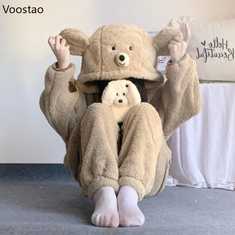 Autumn Winter Cute Bear Ears Coral Fleece Hooded Pajama Sets Woman Sweet Kawaii Warm Homewear Girls Lounge Sleepwear 2PC Set Women Lounge