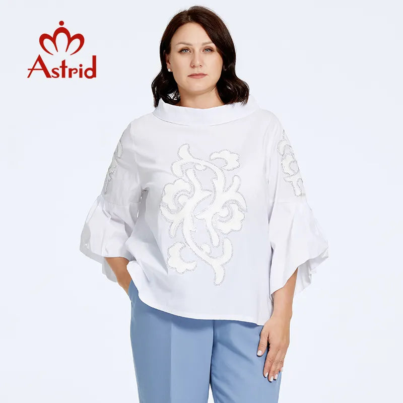 Astrid Women's T-shirt Loose Cute Top Female Dating Tee Blouse Flared Sleeve Stand-Up Collar Diamonds Fashion Clothing Women Plus Size Clothing