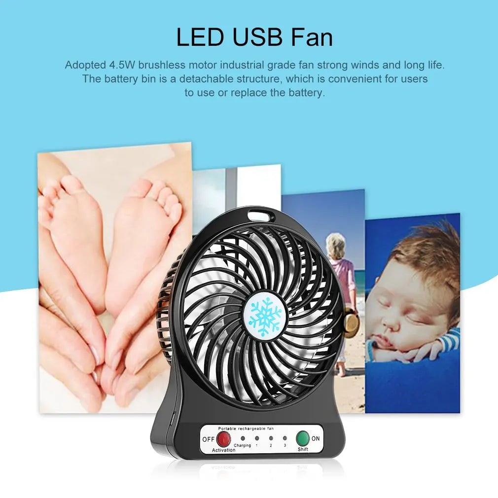 Portable Mini LED Fan Air Cooler Battery Operated USB Charging Desktop 3 Mode Speed Regulation LED Lighting Cooling