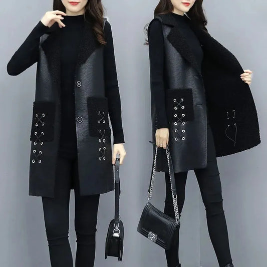 PU Leather Autumn Winter New Long high-Grade Thick Sleeveless Large Size Overwear Top Women Jackets