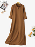 ZANZEA Woman Fashion Split Hem Dress Autumn 3/4 Sleeve Lapel Neck Maxi Robe Elegant OL Work Sundress Casual Street Vestidos Women Plus Size Clothing - Women Prom