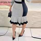 Woman Elegant Chic Polka Dot Patchwork Round Neck Wrist Mermaid Bodycon Midi Women Work Dress