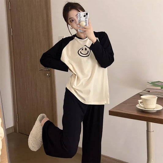 Spring Atutmn Pajamas Set Female Solid Long-sleeved Pant Home Clothing Simple Loose Casual Smile Facce Print Sleepwear XXL women cloth