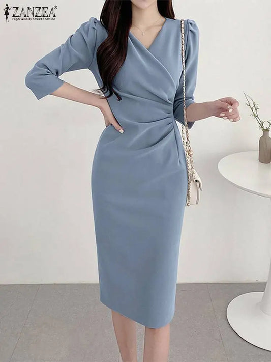 2025 ZANZEA Autumn Elegant Women 3/4 Sleeve Dress Sexy V-Neck Bodycon Dresses Summer OL Work Knee Length Back Zipper Vestidos