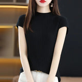 Vintage Half High Collar Sleeve Knitted T-shirt Spring Summer Versatile Pullover Bottoming Korean Fashion Women Short - Women Casual - Women Tops