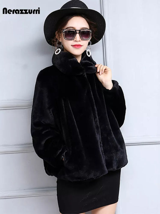 Nerazzurri Autumn Short Light Soft Faux Fur Jacket Women Long Sleeve High Waist Casual Loose Korean Fashion Pleated Fluffy Women Coat