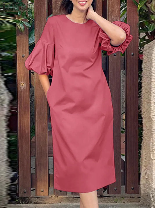 Fashion Puff Sleeve O Neck Solid Party Sundress Summer Elegant Mid-calf Dress Robe Femme Casual OL Women Dress For Work