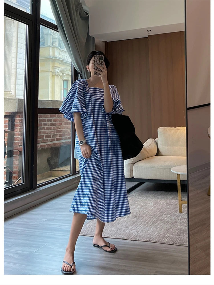 Fashion Square Neck Plaid Puff Sleeve Loose Dress Summer Woman Korean Ladies Chic New Dresses Elegant Women Casual - Women Plus Size Clothing