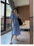 Fashion Square Neck Plaid Puff Sleeve Loose Dress Summer Woman Korean Ladies Chic New Dresses Elegant Women Casual - Women Plus Size Clothing