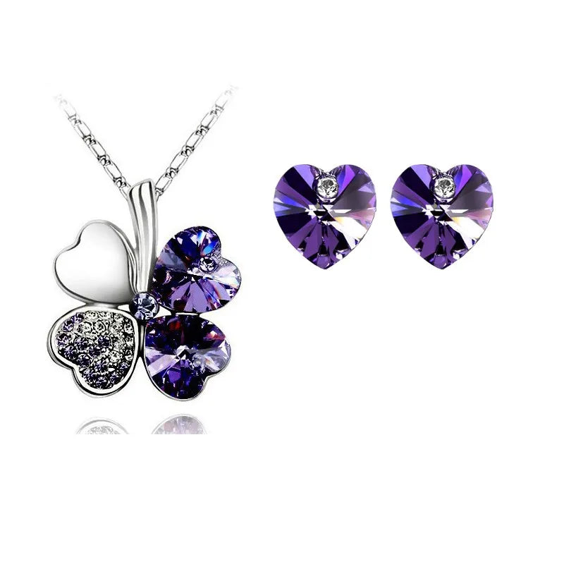 Crystal Clover 4 Leaf Heart Pendant Necklace Earrings fashion jewellery set office charm lover floating quality birthday gift - Women Jewellery - Girl Jewellery