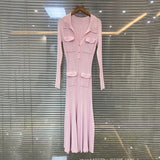 Women's pink knitted medium-length dress senior sense of fashion temperament polo collar waist-skimming long dress new Women Dress For Work