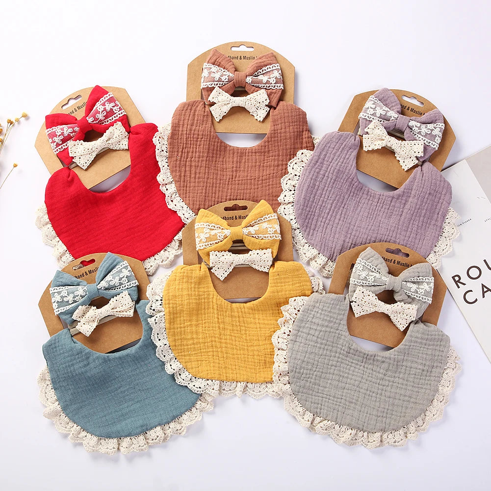 3Pcs/Set Solid Muslin Cotton Bamboo Bib Tassel Lace Feeding Drool Saliva Towel Burp Adjustable Infant Scarf Newborn - girl cloth - Baby Girls