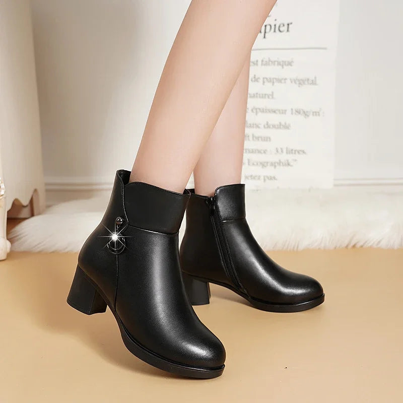 High-Quality Winter Warm Mid-Calf Women's Boots Solid Color Round Toe Zipper Chunky Heel Zapatillas De Mujer Women Shoes
