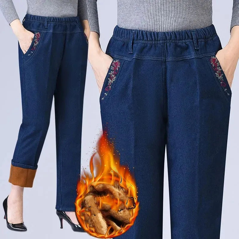 Winter Velvet Lined Baggy Jeans Straight Pants Mom Plush Elastic High Waist Vaqueros Pantalones Vintage Warm Thick Denim Broek Women Jeans