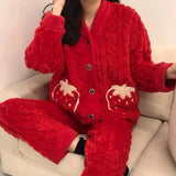 Winter Strawberry Pajamas Set Woman Pyjamas Sets Thick Coral Velvet Flannel Girl Warm Sleepwear Pajama Sets Women Lounge