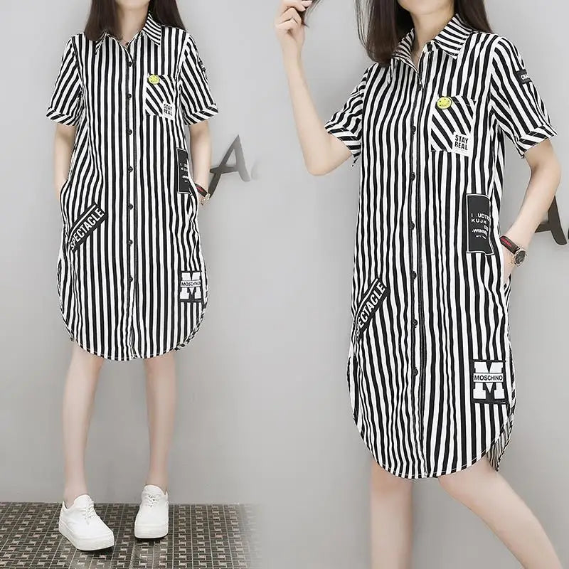 Dress Summer Women's Clothing Short Stripe Shirt Dress Pocket Loose Women Plus Size Cloth Korean Fashion Printing French Retro Ropa Mujer Women Prom