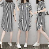 Dress Summer Women's Clothing Short Stripe Shirt Dress Pocket Loose Women Plus Size Cloth Korean Fashion Printing French Retro Ropa Mujer Women Prom