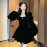 Dresses Woman Party Solid Retro Soft Square Collar Design Lady Autumn Cozy Mini French Style Tunic Elegant Chic Vestidos Women Casual