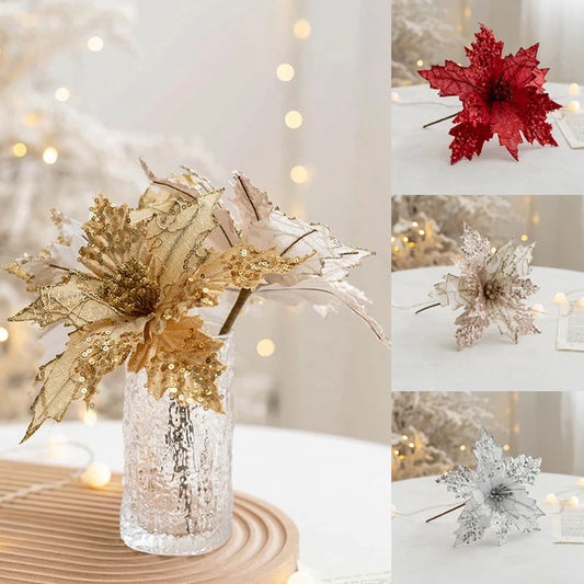 Glitter Artificial Christmas Flowers Xmas Tree Ornaments Merry Christmas Tree Decorations New Year Wedding Party Home Decoration