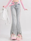 Summer Denim Vintage Sweet Pants Women Slim Lace-up Korean Casual Flare Pants Female Japanese France Elegant Open Fork Jeans New Women Jeans