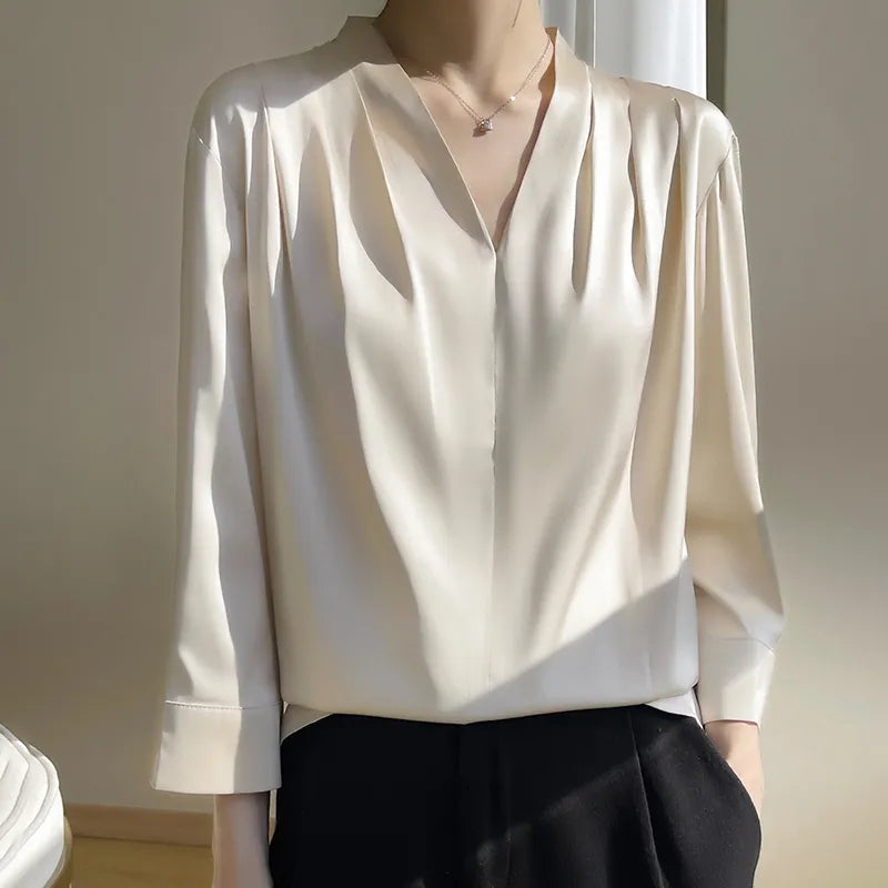 Spring/Summer Women's V-neck Pullover New Silk Shirt Fashion And Temperament Solid Silk Versatile Shirt Women Casual - Women Tops