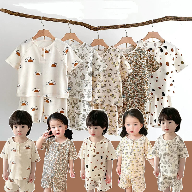 Baby Pajamas Set for Kids Short Sleeve Print Breathable Cotton Waffler Home Clothes Children Pyjamas 2PCS Boys Sleepwear - Girls Sleepwear