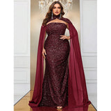 Luxurious Strapless Cape Wedding Shiny Long Evening Gown 5XL6XL Big Size Banquet Festive Sequin Dress for Women Plus Size Clothing - Women Prom