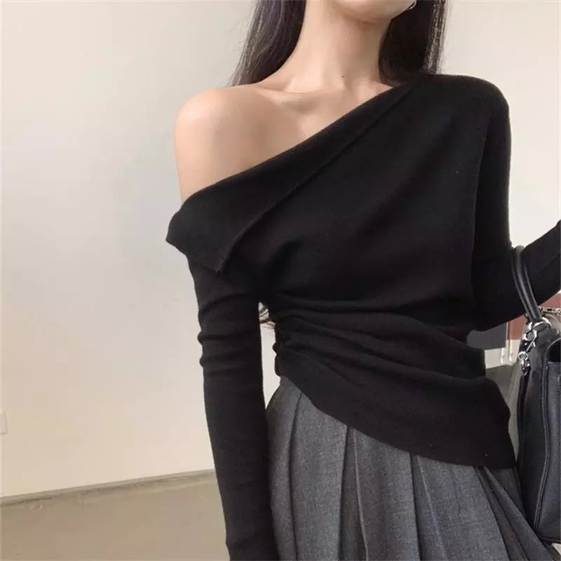 Long Sleeve Oblique Collar T-Shirt Spring And Autumn New Irregular Hem Slim Ladies Off Shoulder Shirts women casual - women tops - women contemporary