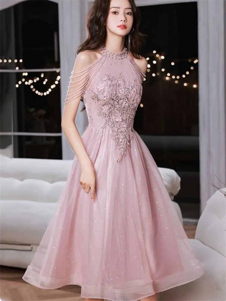 Pink Dress Women's Summer New Hanging Neck Solid Color Lace Beaded Mid-length A-line Skirt Elegant Female Clothing Women Work Dress