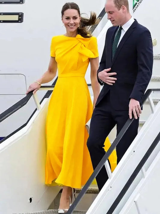 Kate Middleton Princess Designer Fashion High-Quality Spring Summer New Woman Yellow Elegant Slim Unique Party Midi Dress Women Casual - Women Dress For Work - Women Prom