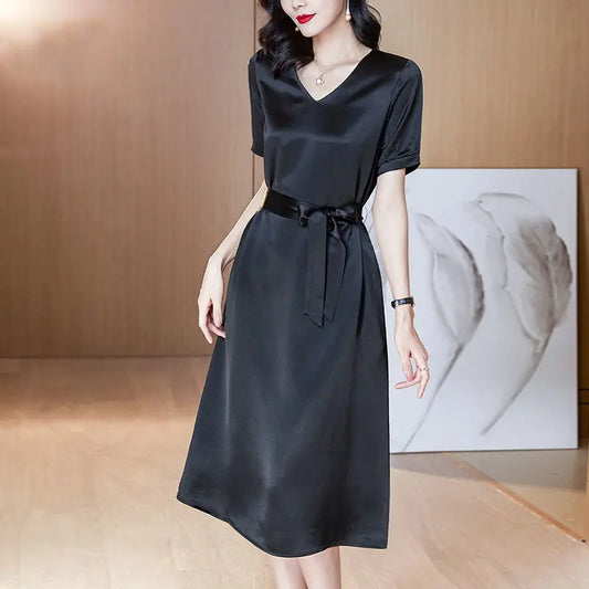 Loose Smooth Satin Dress Woman Solid Colors Lace Up High Waist Midi Dress Ladies Plus Size Bodycon Dress Summer Women Dress For Work - Women  Prom