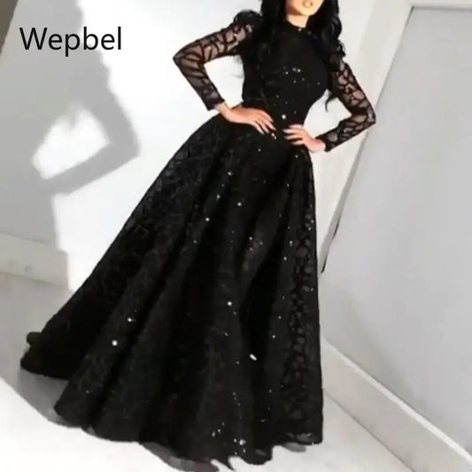 WEPBEL Sequined Expandable Evening Gown Dress Summer Woman Party Dress Long-Sleeved High Waist Big Swing Black Dresses Women Prom