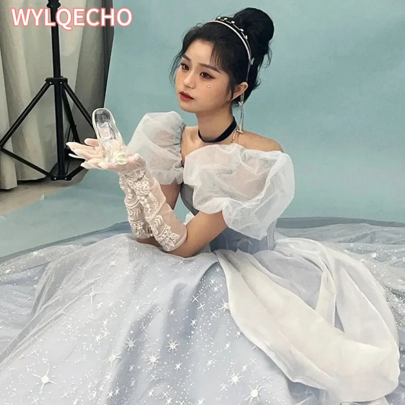 Blue Dress Engagement Jacquard Dress France Vintage Sweet Korean Princess Fairy Dress Evening Party Dress Women Prom