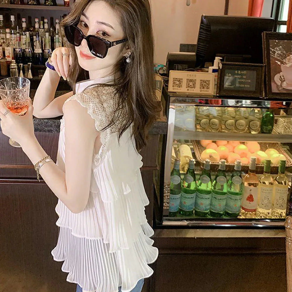 Temperament Round Neck Hollow Lace Sleeveless Shirt Women's Summer New Western Style Design Sense Niche Trend Cardigan Women Tops - Women Prom