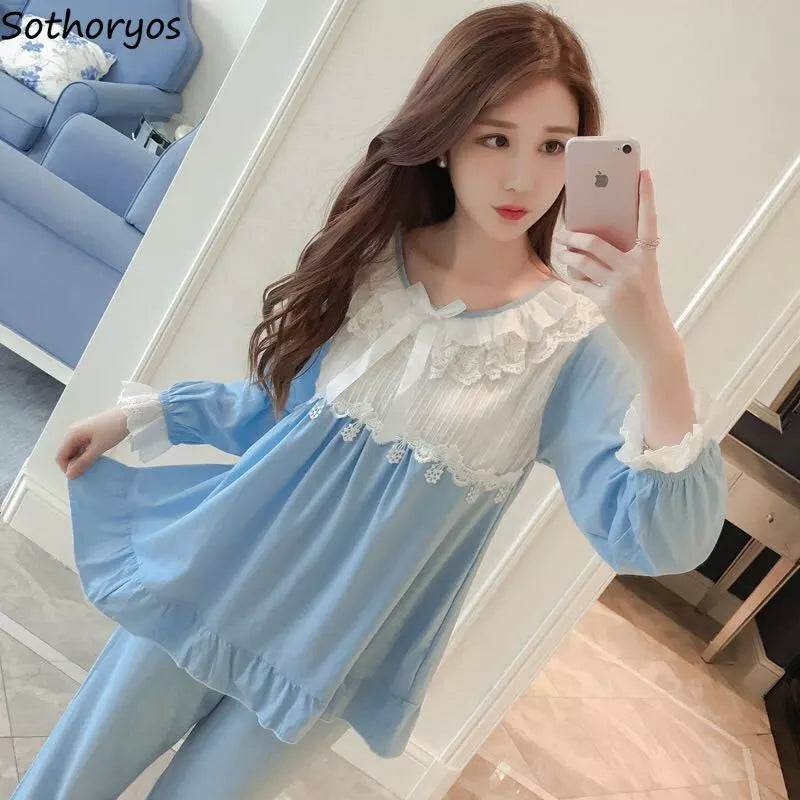 Pajama Sets Woman Long Sleeve O-neck Lace Patchwork Loose Sweet Princess Cute Sleepwear Spring Casual Home Wear Fashion Women Lounge