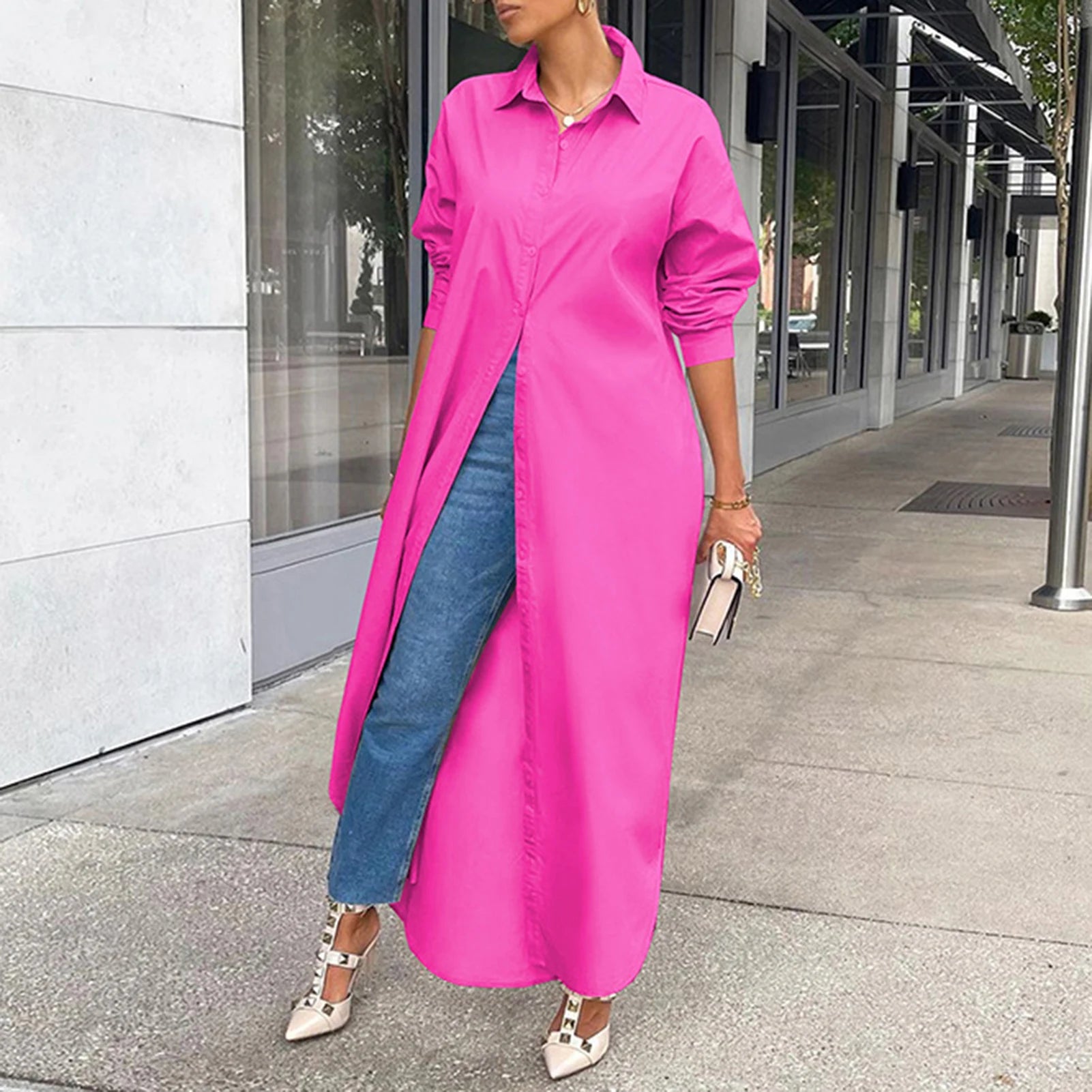 Woman Shirt Windproof Shirt Dress Versatile Arc Hem  Stylish Autumn Winter Solid Color Shirt Long Dress Women Casual