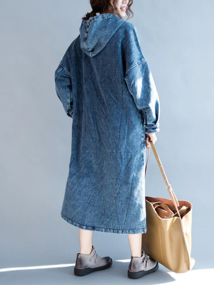 New Dresses for Woman Autumn Korean Fashion Large Size LOOSE Long Dresses Versatile Denim Robe Hooded New In Dresses Women Casual - Women Plus Size Clothing