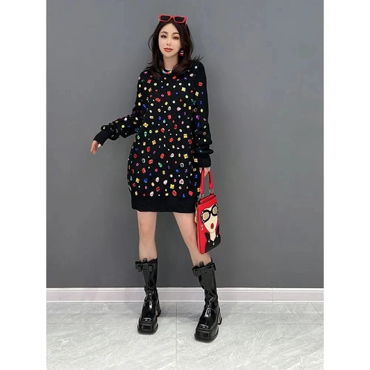Knitted Sweater Long Sleeve Loose Fashion Street Heavy Beaded Autumn Winter O Neck Pullover Mini Knitting Dresses Women Dress For Work - Women Prom