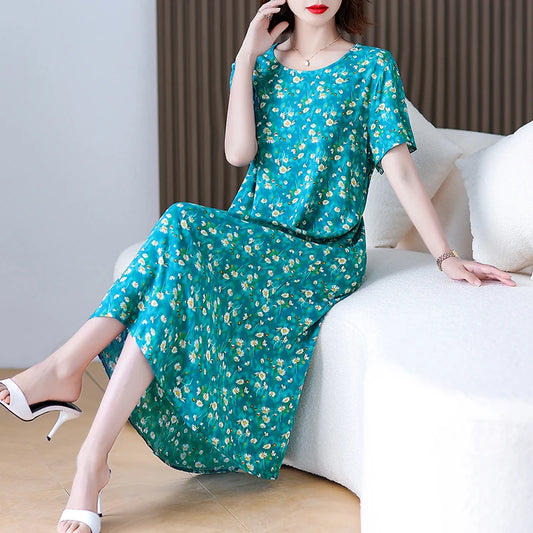 New Fashion Short Sleeve Summer Dress For Women O-Neck Print Flower Loose Dresses Women Casual - Women Tops - Women Plus Size Clothing - Women Sleep