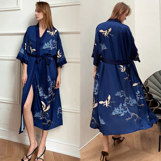 Female Long Robe Nightgown Print Crane Kimono Bathrobe Gown Sleepwear Spring Summer Casual Silk Satin Home Dress Wear women lounge
