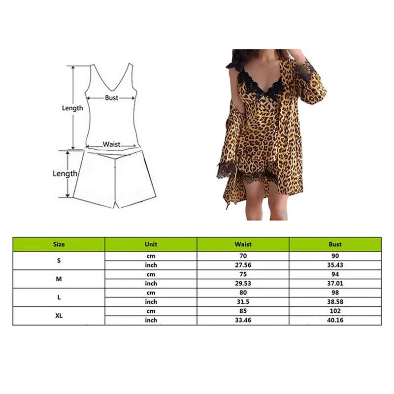 Leopard Print Sexy Pajamas Sets Satin Sleepwear Pijama Silk Home Wear Embroidery Sleep Pyjama Nightwear women lingerie