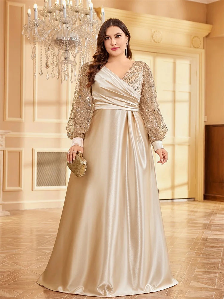 XUIBOL Luxury Gold Sequin V-Neck Evening Dress Woman Long Sleeve Satin Wedding Party Floor Lenght Cocktail Women Plus Size Clothing - Women Prom