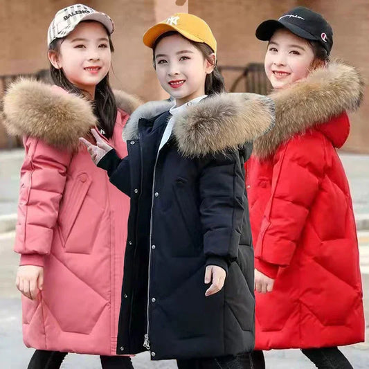 Winter Keep Warm 3-14 Years Old Long Style Big Fur Collar Detachable Hat Hooded Heavy Coat For Kids girl jacket