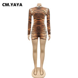 CM.YAYA Streetwear Leopard Print Woman Shorts Playsuit Vintage Long Sleeve Bodycon One Piece Overall Romper Sexy Club Bodysuit women short