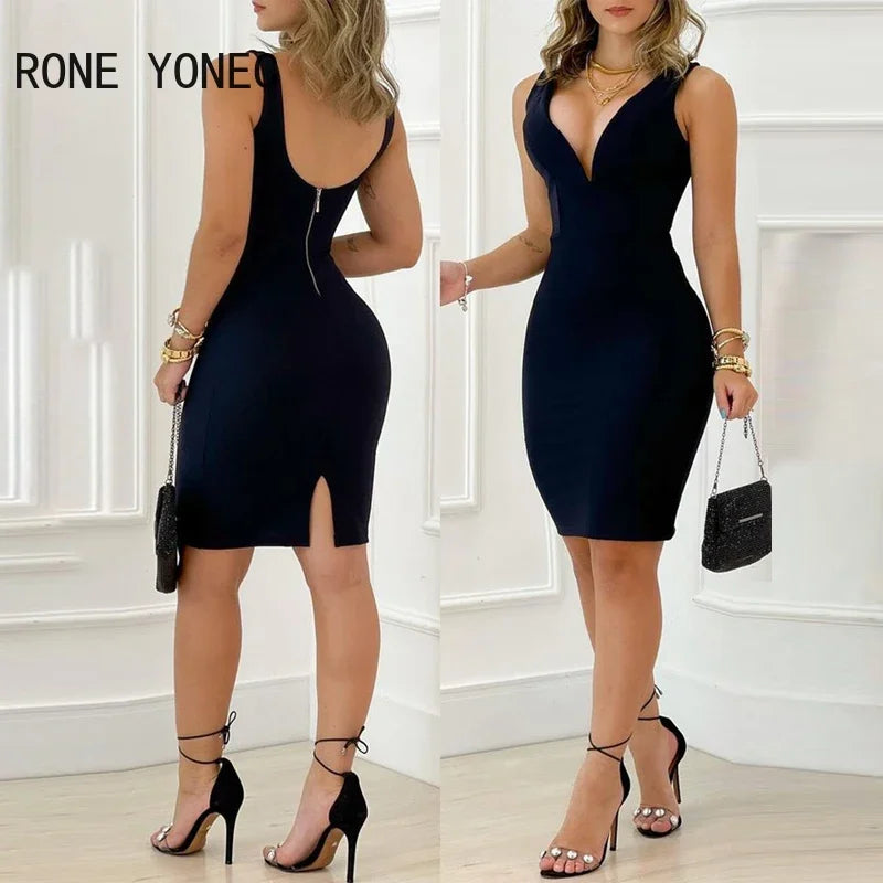 Woman Solid Sexy Deep V Neck  Tank Bodycon Backless Small Silt Mini Sexy Working Dresses Women Tees - Women Dress For Work - Women Short