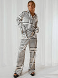 Mnealways18 Lapel Irregular Stripe Button Shirt And Pants Sleep Suit 2 Piece Single-Breasted Print Casual Home Suit women lounge